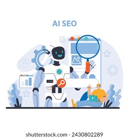 AI SEO concepto. Mejora la optimización de motores de búsqueda con algoritmos inteligentes. Acelera los esfuerzos de marketing digital. Ilustración vectorial plana.