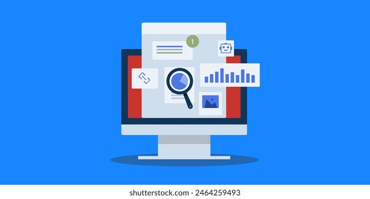 AI SEO software, AI software technology analyzing website ranking, SEO score, Traffic. SEO tool - vector illustration with icons