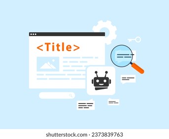 AI SEO Title Generator concept. AI-powered generator for website title, headlines based on content and top-ranking titles in search results. Vector isolated illustration on blue background with icons