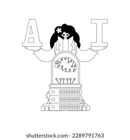 AI-Server und Mädchen in linearem Stil, Vektorgrafik mit Schwerpunkt auf AI-Thema