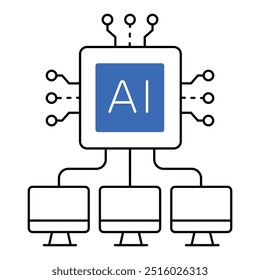 AI Server Network Monoline Icon Design. Represents AI Networking, Servers, Distributed,System Integration. Vector icon with editable Strokes and Colors.