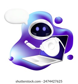 AI servers and robots technology. A friendly chatbot android robot looks out of a laptop and greets. Smart robotic character with message bubble.Digital brain neural network.Vector illustration