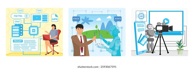 AI servers and robots technology with neural network thinks. A professional man and a humanoid robot jointly work on creating a digital painting. Movie robot is holding a film camera.