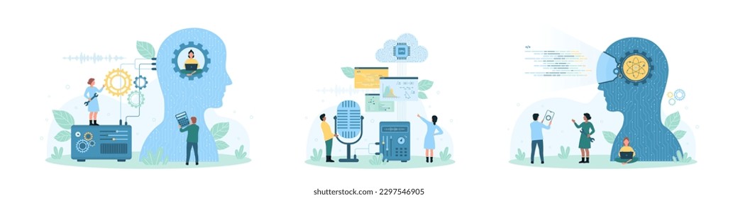 AI service and digital network technology set vector illustration. Cartoon tiny people work with computers, brain with artificial intelligence and circuit in human head, microphone and voice assistant