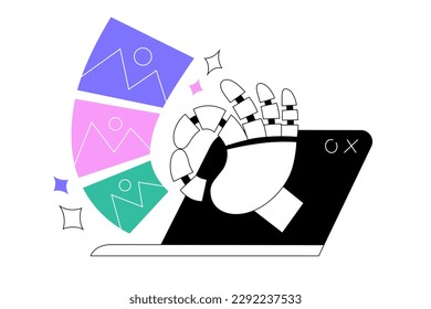 AI service generates images, Robot hand reaching out of laptop screen, android hand shows Okay gesture, artificial intelligence service creates lots of artwork, photos, vector illustration isolated