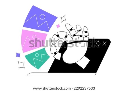 AI service generates images, Robot hand reaching out of laptop screen, android hand shows Okay gesture, artificial intelligence service creates lots of artwork, photos, vector illustration isolated