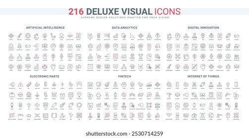 Serviços de IA para fintech e análise de dados, Internet of things line icon set. Eletrônica, bateria e dispositivos inteligentes, pagamento, controle de casa inteligente fino preto e vermelho esboço símbolos vetor ilustração