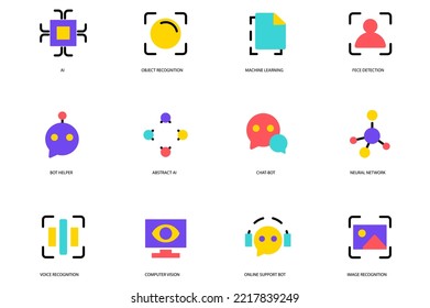 AI set of flat icons concept in the flat cartoon design. Set present images that are associated with artificial intelligence. Vector illustration.