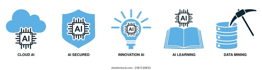 AI set icon vector featuring multiple related icons. Perfect for artificial intelligence, machine learning, and tech