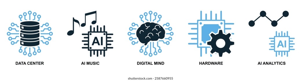 AI set icon vector featuring multiple related icons. Perfect for artificial intelligence, machine learning, and tech