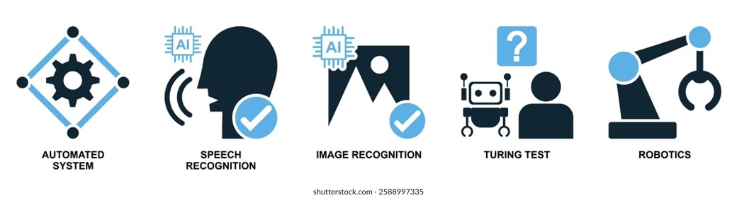 AI set icon vector featuring multiple related icons. Perfect for artificial intelligence, machine learning, and tech