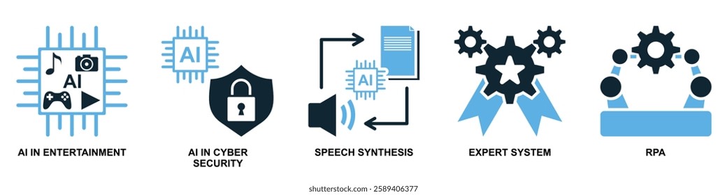 AI set icon vector featuring multiple related icons. Perfect for artificial intelligence, machine learning, and tech