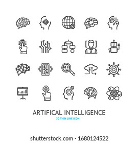 AI Sign Black Thin Line Icon Set Include of Circuit, Cyborg and Microchip. Vector illustration of Icons