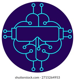 AI Simulation Icon. Minimalistic neon outline on a dark blue round background. A stylish vector illustration of a virtual reality headset connected to a digital circuit-neural network, symbolizing intelligent immersive environments, virtual training, and AI-assisted modeling