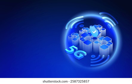 Ai smart city with 5g wifi technology background. Future architecture neon urban buildings vector.  Wireless 5G mobile technologies. Digital futuristic intelligence high tech city isometric banner.