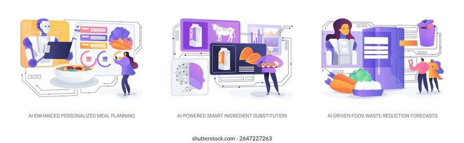 AI no conjunto de ilustração vetorial de conceito abstrato Smart Food Innovation. A IA permite planos de refeições personalizadas, trocas de ingredientes e previsões de resíduos para sistemas alimentares mais saudáveis.