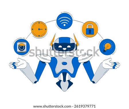 AI in smart home doodle illustration concept. WiFi, fixtures, security, timer orchestration. AI assistant managing IoT automation cartoon 2D character isolated on white. Hand drawn vector metaphor