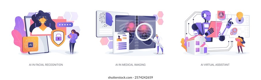 AI in Smart Technology abstract concept vector illustration set. Facial recognition, AI medical imaging, and home virtual assistant for reminders and device control. abstract metaphor.