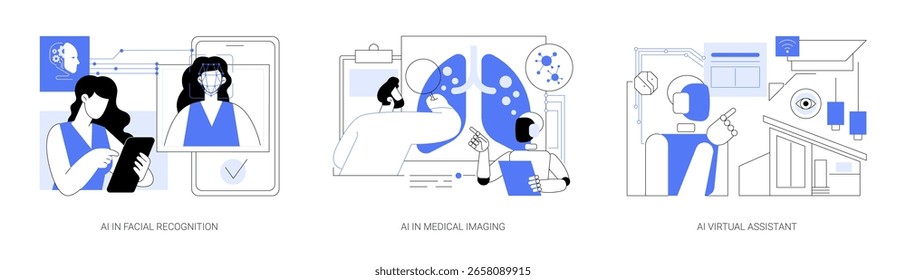 AI no conjunto de ilustrações vetoriais de conceito abstrato da Smart Technology. Reconhecimento facial, imagem médica de IA e assistente virtual doméstico para lembretes e controle de dispositivos.