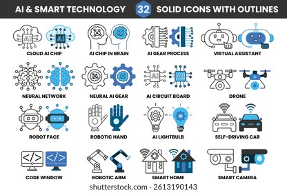 AI and Smart Technology Icons. Vector icons featuring artificial intelligence, machine learning, robotics, smart home devices, and futuristic tech, in clean flat design with outline style