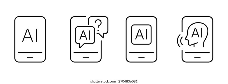 Conjunto de iconos de línea delgada de App de smartphone AI. Inteligencia artificial Chatbot en la pantalla del smartphone. Trazo editable. Vector