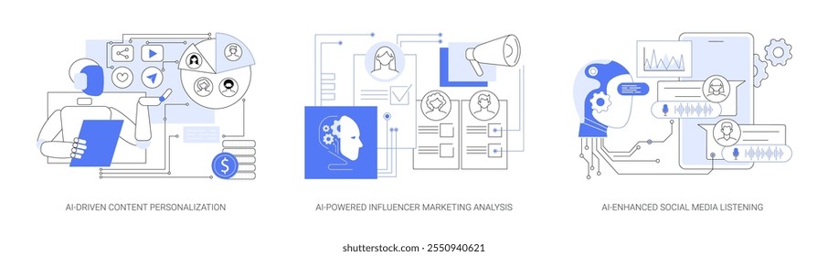 AI in Social Media abstract concept vector illustration set. AI-Driven Content Personalization, AI-Powered Influencer Marketing Analysis, AI-Enhanced Social Media Listening abstract metaphor.