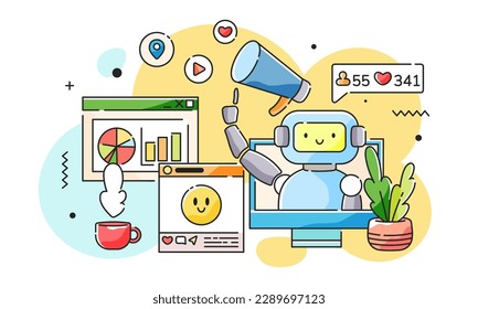 AI in social media. Artificial intelligence and neural networks help in working with social networks - suggest posts, write articles and give feedback. Social network of the future concept.