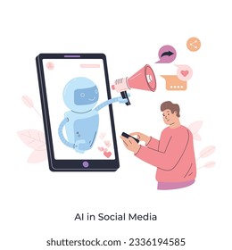 AI in Social Media concept flat vector illustration. Chat bot assistance in content generation. Social network cartoon composition for web design. Creative idea for website, mobile, presentation