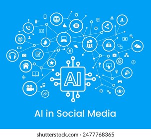 AI in social media engagement. Artificial intelligence. Page design with icons of people social media and AI. Digital Strategy. Content optimization