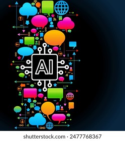 AI in social media engagement. Artificial intelligence. Page design with icons of people social media and AI. Digital Strategy. Content optimization