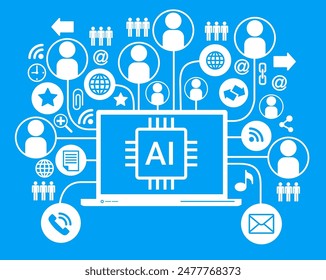 AI in social media engagement. Artificial intelligence. Page design with icons of people social media and AI. Digital Strategy. Content optimization