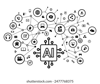 La IA en el compromiso con los medios sociales. Inteligencia artificial. Diseño de página con iconos de las redes sociales de la gente y la IA. Estrategia digital. Optimización de contenido