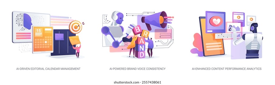 AI soft abstract concept vector illustration set. AI-Driven Editorial Calendar Management, AI-Powered Brand Voice Consistency, AI-Enhanced Content Performance Analytics abstract metaphor.