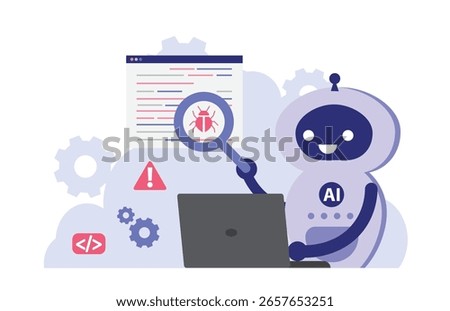 Ai software testing. Ai robot tester with magnifying glass search virus fix bugs and checks code