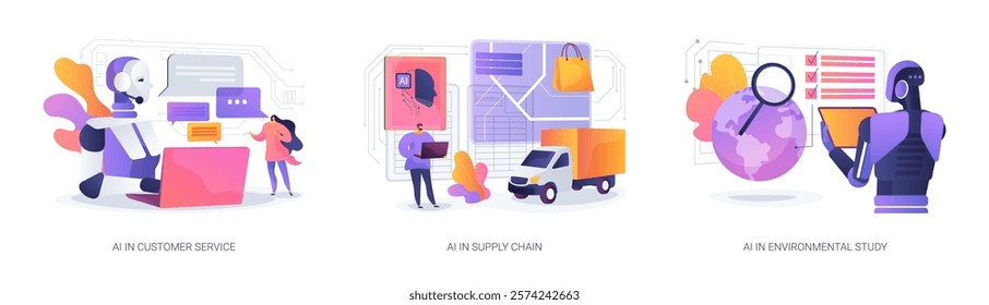 AI Solutions for Efficiency abstract concept vector illustration set. AI chatbot support, optimized logistics management, and environmental data analysis for research. abstract metaphor.