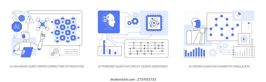 AI Solutions in Quantum Computing abstract concept vector illustration set. AI boosts qubit accuracy, streamlines circuit design, and advances quantum chemistry simulations. abstract metaphor.