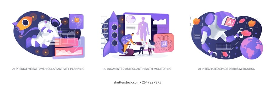 AI Solutions for Space Safety abstract concept vector illustration set. AI supports debris control, astronaut health checks, and EVA planning for safer space operations. abstract metaphor.