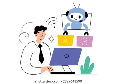 La IA resuelve el problema, el robot ofrece dos opciones humanas, aplicación de inteligencia artificial, el robot de chat responde preguntas, el hombre trabaja en la computadora, composición dibujada a mano, ilustración vectorial