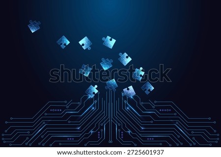AI solving concept with glowing puzzle pieces emerging from circuit board. Represents logic, intelligence, and innovation. Futuristic vector in blue neon cyber style. 