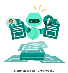 AI sorting resumes and choosing best applicant flat vector illustration for automated hiring process job candidate recruitment screening technology