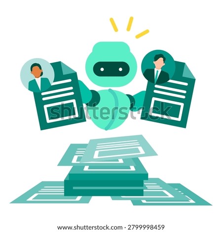 AI sorting resumes and choosing best applicant flat vector illustration for automated hiring process job candidate recruitment screening technology