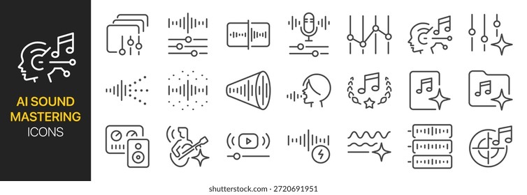 Conjunto de iconos de masterización de sonido AI. Incluía música, mezclador, ecualizador, digital y más iconos. Trazo de Vector editable.