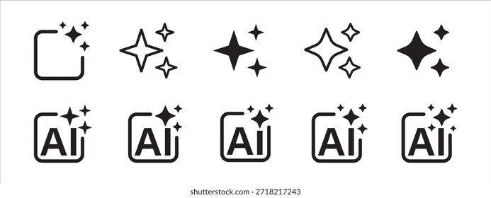 Conjunto de iconos de chispa AI. Símbolo de inteligencia artificial con efecto chispa. Iconos mágicos de IA generativo. Signo de creación de tecnología inteligente. Iconos de la característica de IA futurista para la experiencia de usuario App.