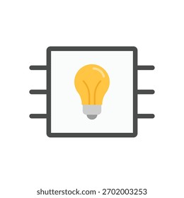 Icono de idea de chispa de IA que muestra un chip neuronal fusionado con una bombilla, que simboliza la innovación creativa y la inspiración de inteligencia artificial para los conceptos tecnológicos modernos.