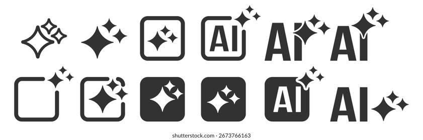 AI sparkle icon set, artificial intelligence star symbol collection, digital tech vector on transparent background