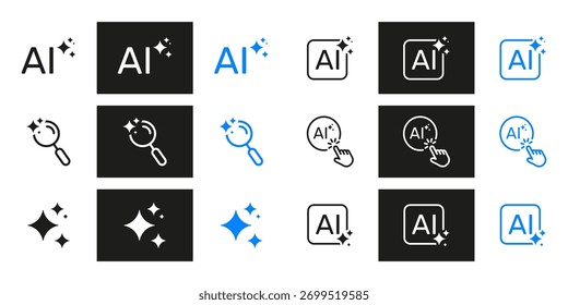 Conjunto De Ícones Ai E Sparkle. Inteligência Artificial, Inovação, E Digital Transformação Silhueta Símbolo Coleção. Lupa E Elementos De Cursor. Ilustração de vetor isolada.