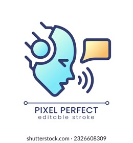 AI speaks pixel perfect color gradient icon. Artificial intelligence technology. Voice assistant. Speech patterns. Isolated RGB vector image. Filled line illustration. Editable stroke