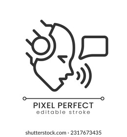 AI speaks pixel perfect linear icon. Artificial intelligence technology. Voice assistant. Speech patterns. Thin line illustration. Contour symbol. Vector outline drawing. Editable stroke