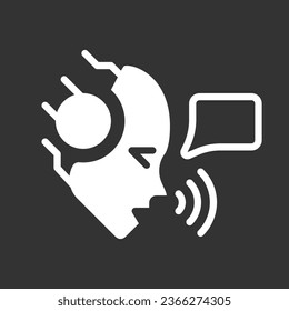 AI speaks white linear glyph icon for night mode. Voice assistant. Speech patterns. Negative space silhouette symbol on dark theme background. Solid pictogram. Vector isolated illustration