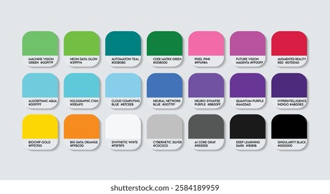 AI Specialist Engineer Color Guide Palette with Color Names. Catalog Sample AI Specialists with RGB HEX codes Names. AI Specialist Colors Palette, Fashion Trend AI Specialist Engineer Color Palette